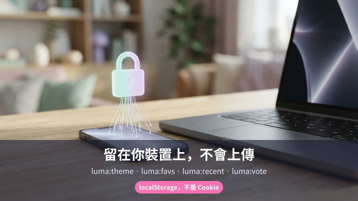 手機與筆電並排,示意 fuhaola 的 localStorage 偏好設定只留在裝置上不會上傳